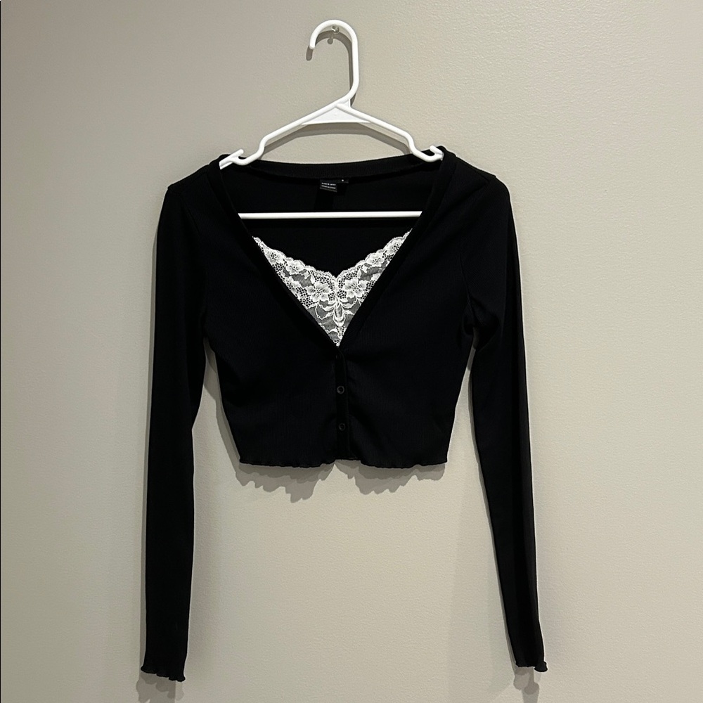 Cropped Black Cardigan with Lace Detail
